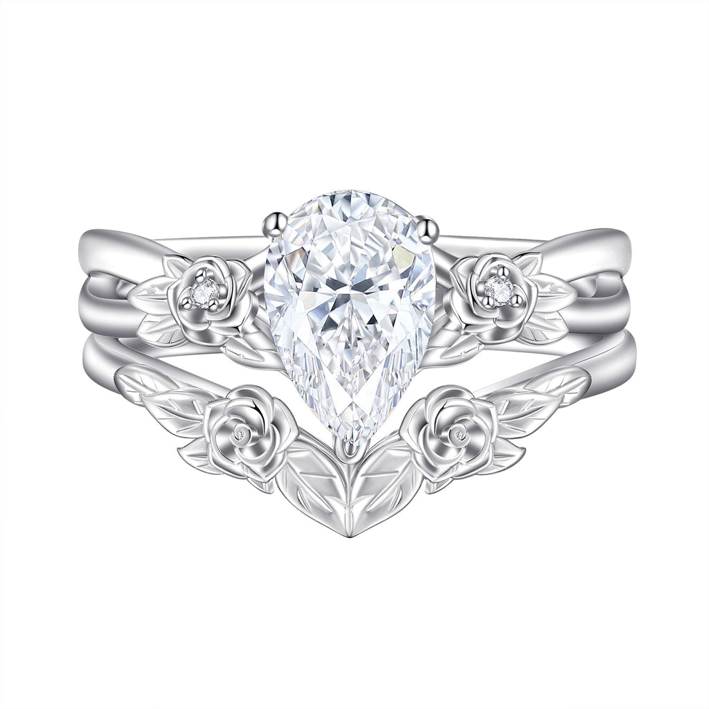 1.5CT Moissanite Flower Teardrop Ring Set