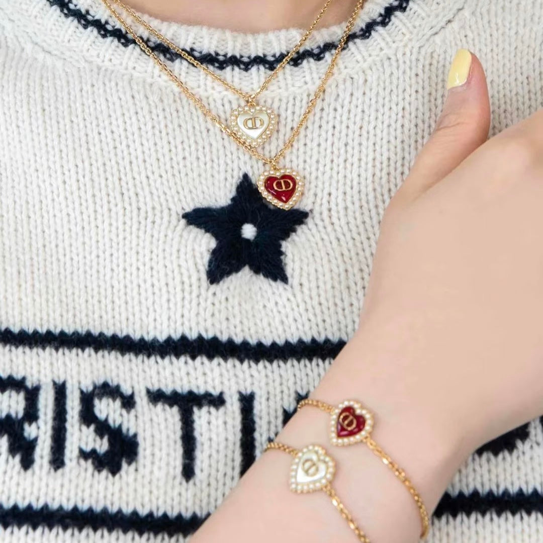Dior Diamond Heart Necklace Bracelet Earrings