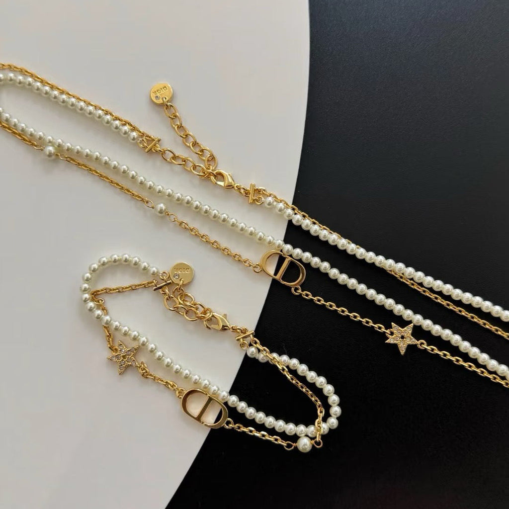 Dior Pearl Double Chain Necklace Bracelet