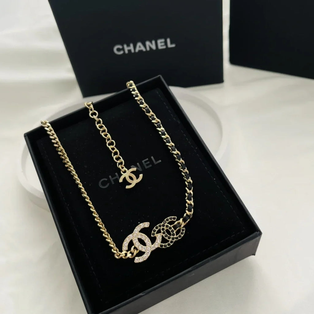Chanel Double Logo Black Leather Necklace