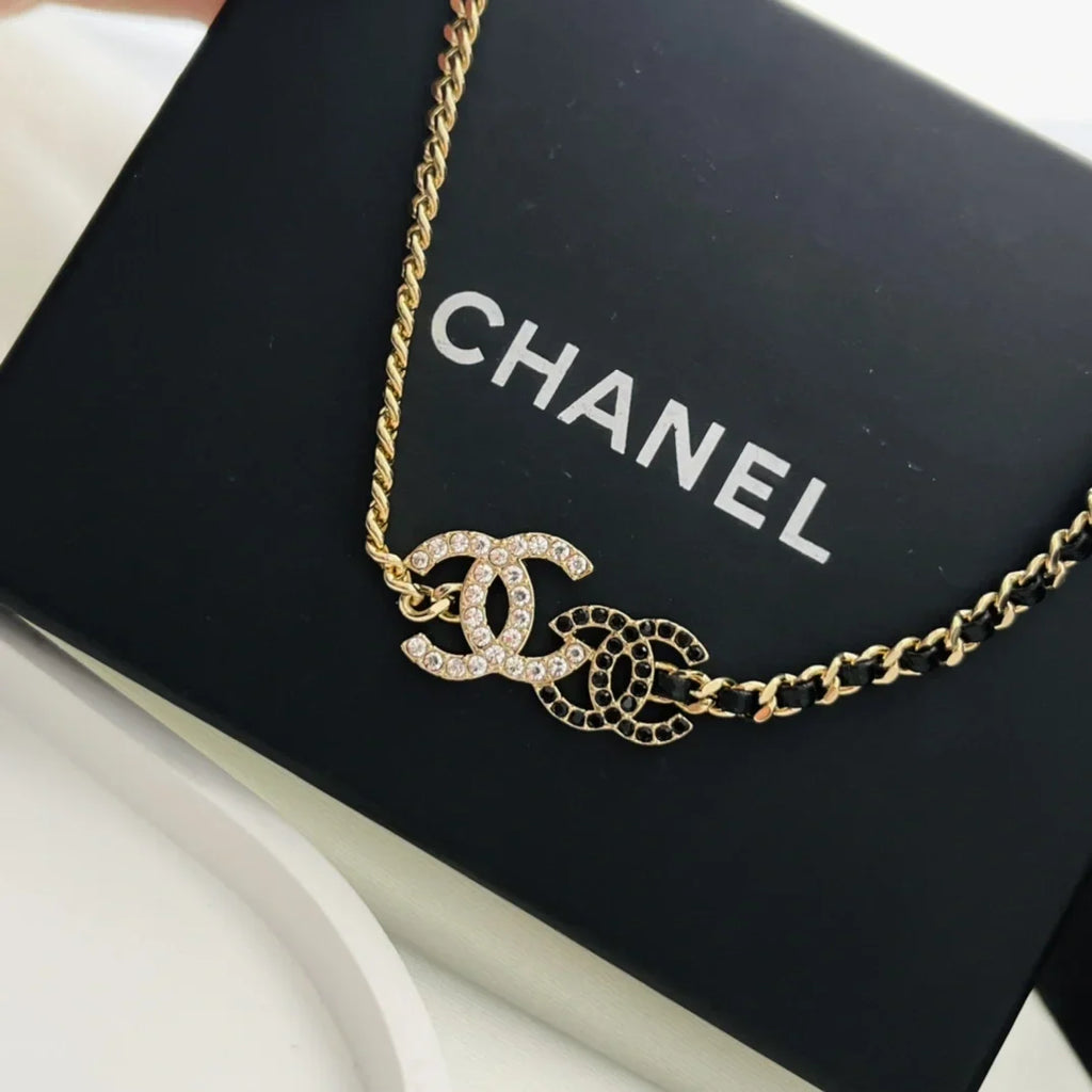 Chanel Double Logo Black Leather Necklace